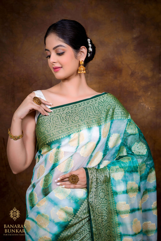 Banarasi Shibori Semi Georgette silk saree buta with Equal Border