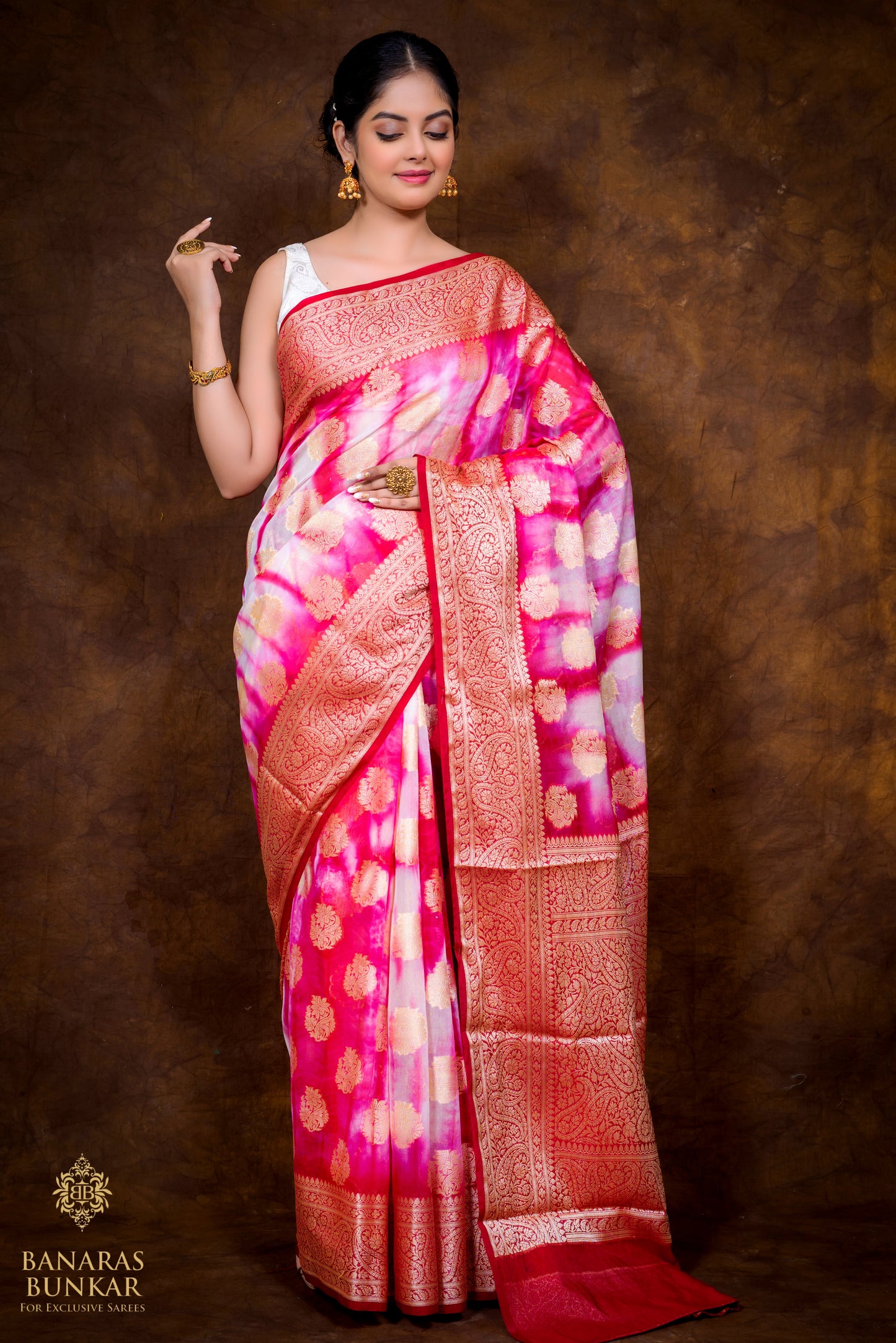 Banarasi Shibori Semi Georgette silk saree buta with Equal Border