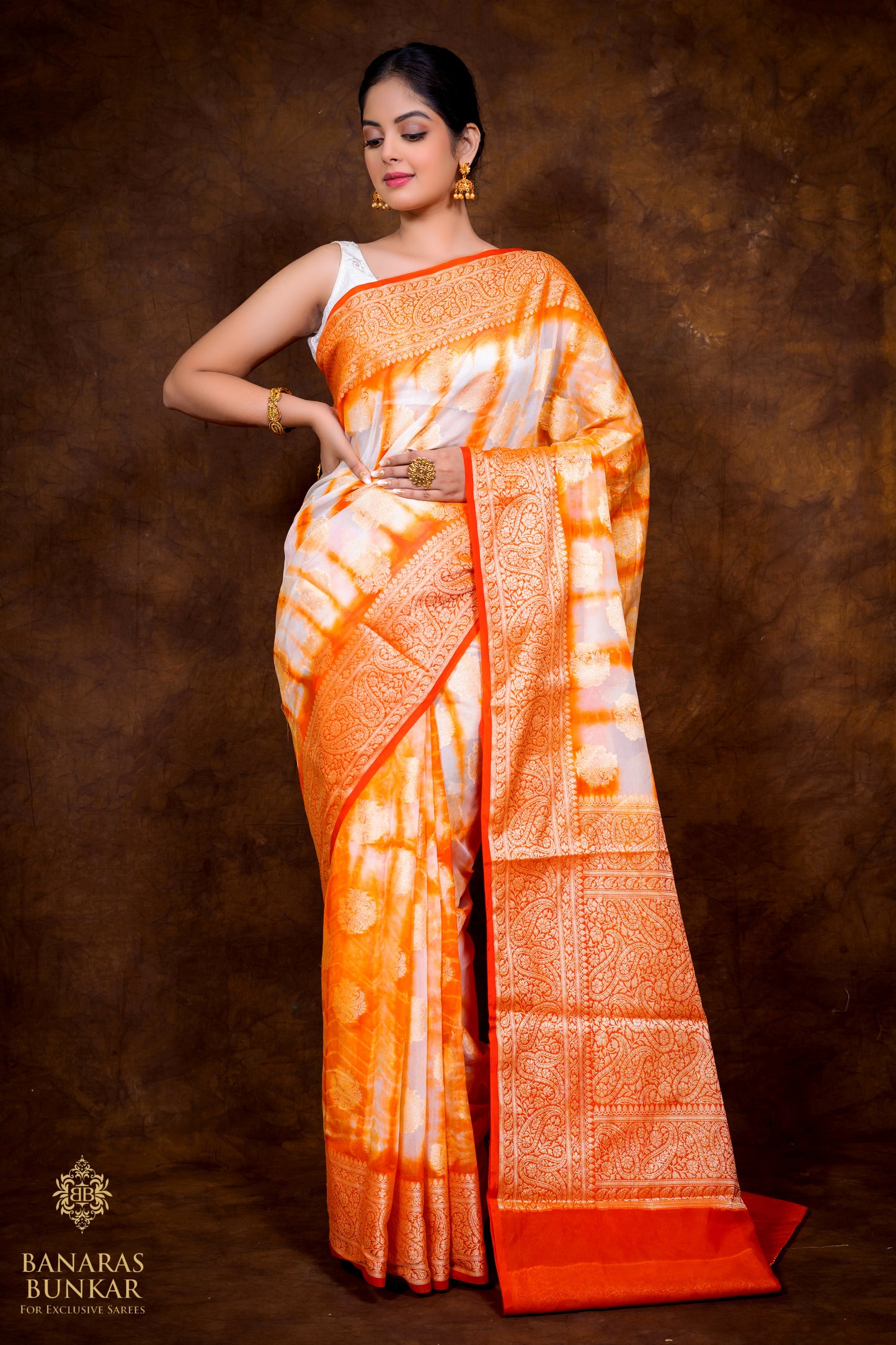 Banarasi Semi Shibori Georgette silk saree buta with Equal Border