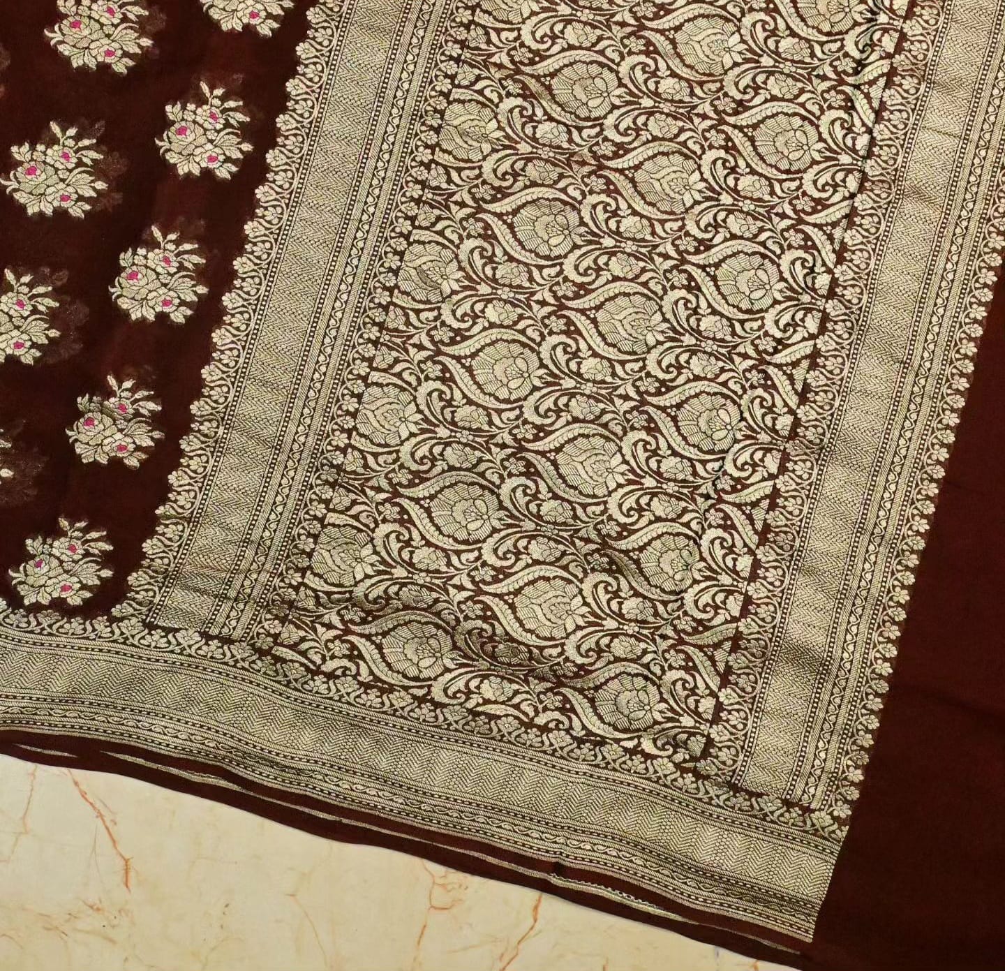 Banarasi Pure khaddi Georgette silk saree Meena Flower Buta pattern- Chocolate Brown