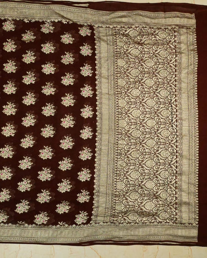 Banarasi Pure khaddi Georgette silk saree Meena Flower Buta pattern- Chocolate Brown