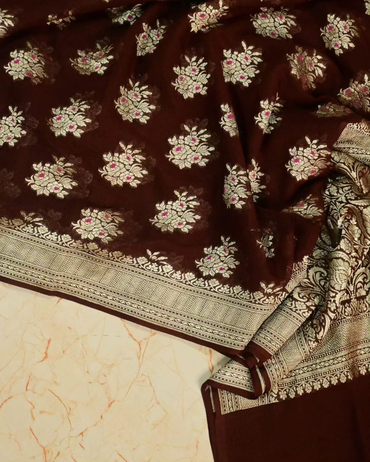 Banarasi Pure khaddi Georgette silk saree Meena Flower Buta pattern- Chocolate Brown