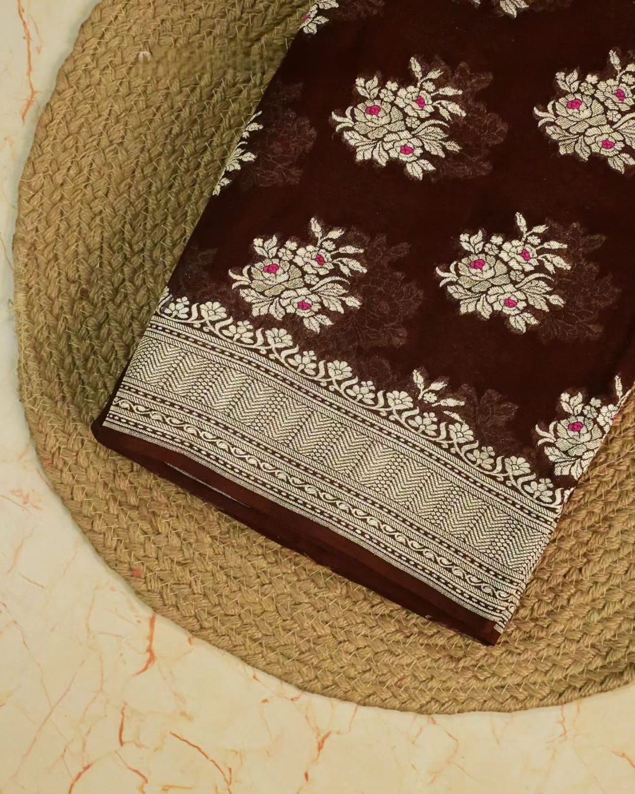 Banarasi Pure khaddi Georgette silk saree Meena Flower Buta pattern- Chocolate Brown