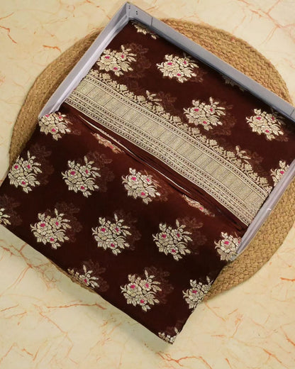 Banarasi Pure khaddi Georgette silk saree Meena Flower Buta pattern- Chocolate Brown