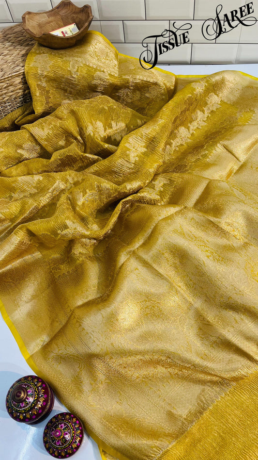 Banarasi crush Tissue silk saree Danda strip pattern - yellow