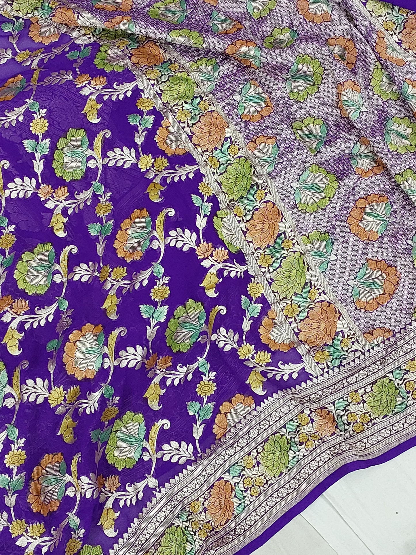 Banarasi Rangkat Khaddi Georgette silk saree jaal pattern weaving at water zari - purple & hand painted Meena