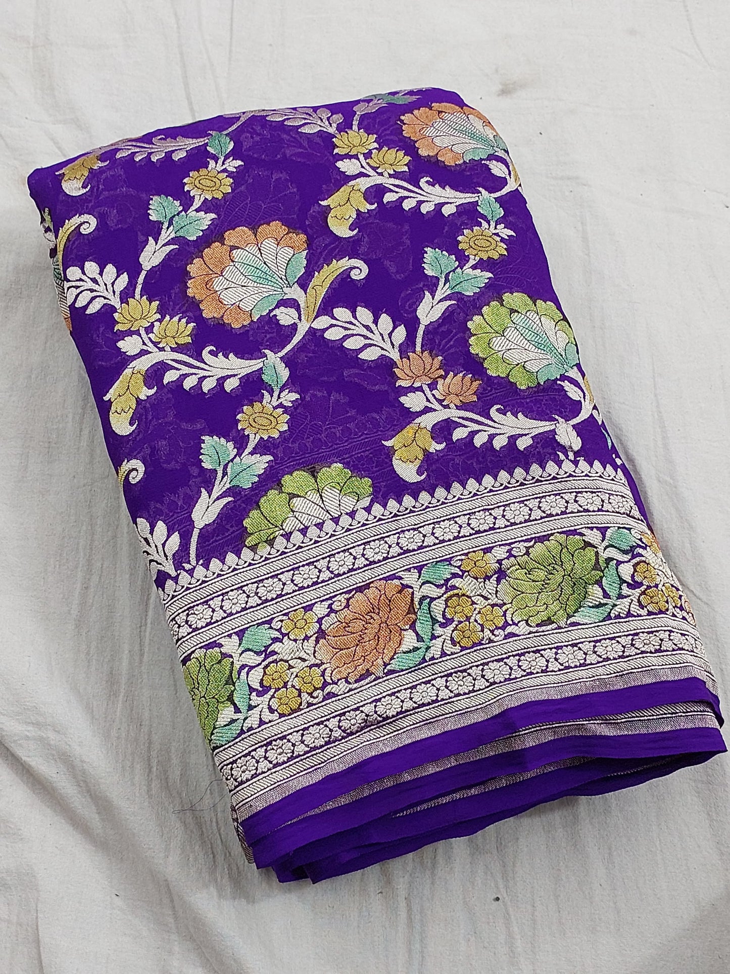 Banarasi Rangkat Khaddi Georgette silk saree jaal pattern weaving at water zari - purple & hand painted Meena