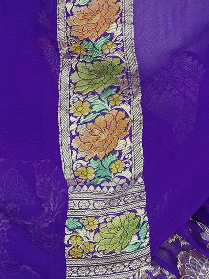 Banarasi Rangkat Khaddi Georgette silk saree jaal pattern weaving at water zari - purple & hand painted Meena