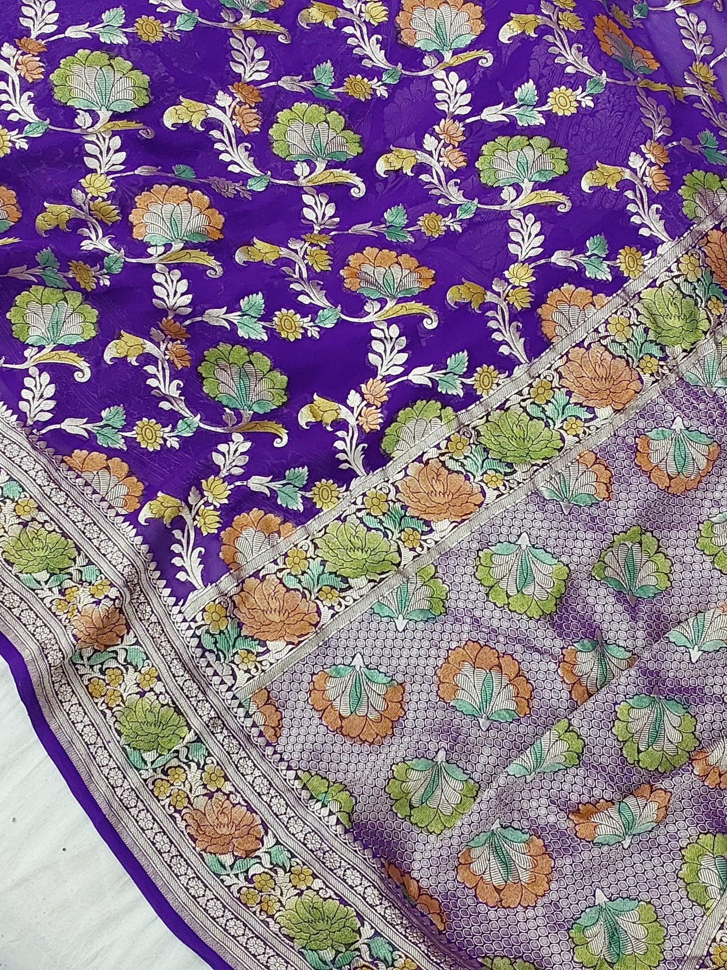 Banarasi Rangkat Khaddi Georgette silk saree jaal pattern weaving at water zari - purple & hand painted Meena