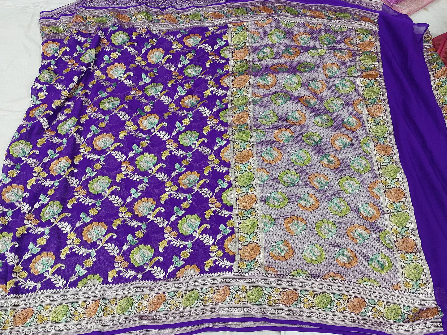 Banarasi Rangkat Khaddi Georgette silk saree jaal pattern weaving at water zari - purple & hand painted Meena