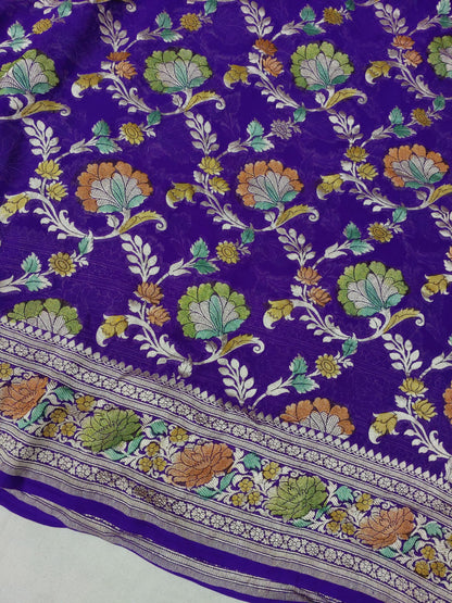 Banarasi Rangkat Khaddi Georgette silk saree jaal pattern weaving at water zari - purple & hand painted Meena