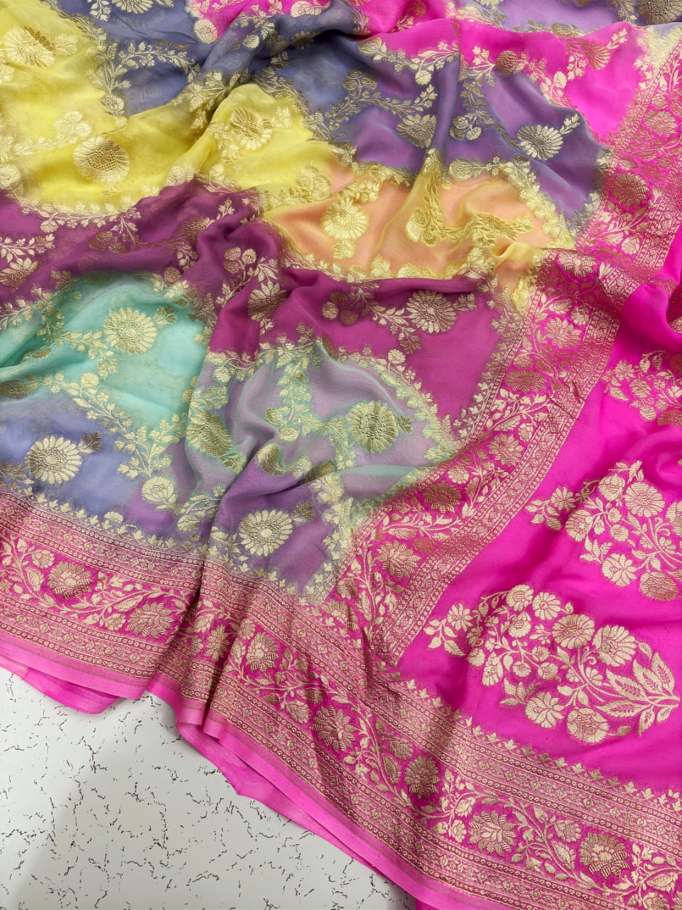 Banarasi hand Print Rangkat khaddi Georgette silk saree