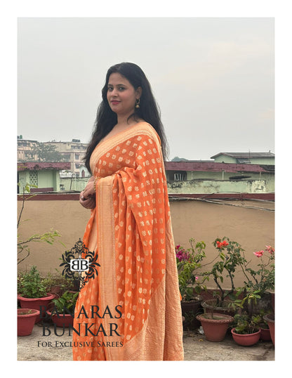 Banarasi Handloom Pure Khaddi Georgette Saree with Allover Buti & Water Zari Designer Pallu