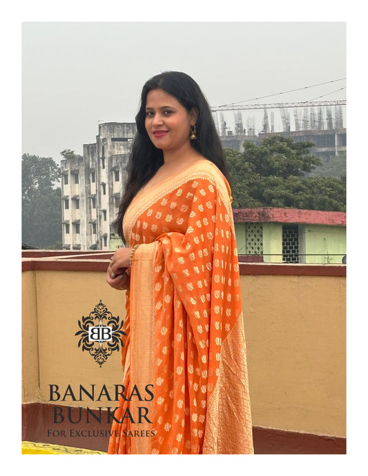 Banarasi Handloom Pure Khaddi Georgette Saree with Allover Buti & Water Zari Designer Pallu