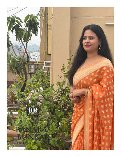 Banarasi Handloom Pure Khaddi Georgette Saree with Allover Buti & Water Zari Designer Pallu