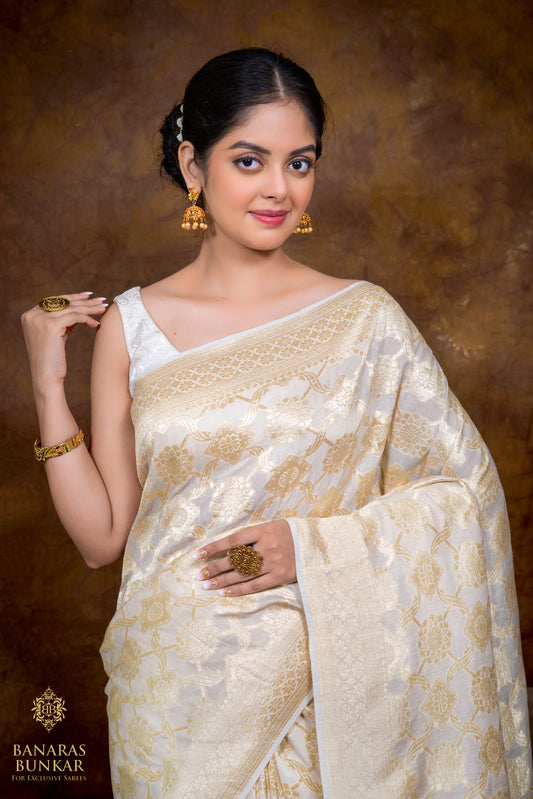 Banarasi Pure Khaddi Moonga silk saree Jaal Pattern