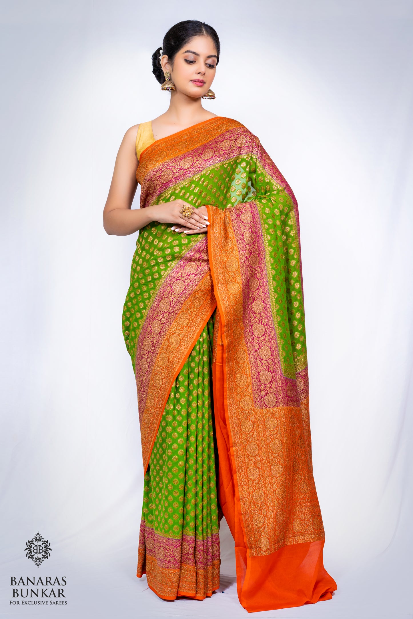 Banarasi Pure Khaddi Georgette silk saree Buti Pattern with 3D Skirt Border