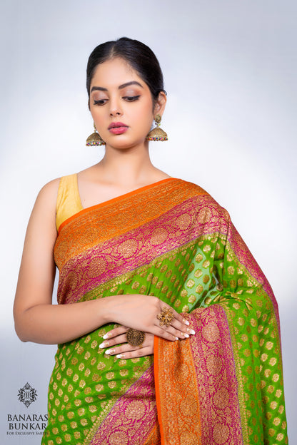 Banarasi Pure Khaddi Georgette silk saree Buti Pattern with 3D Skirt Border