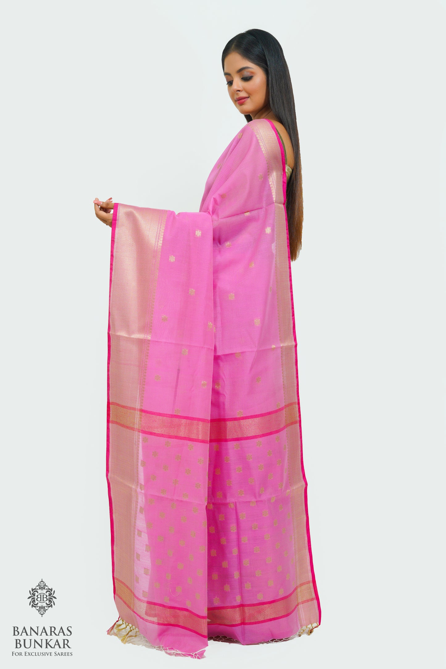 Banarasi handloom cotton silk saree allover flower Buti design with skirt Border