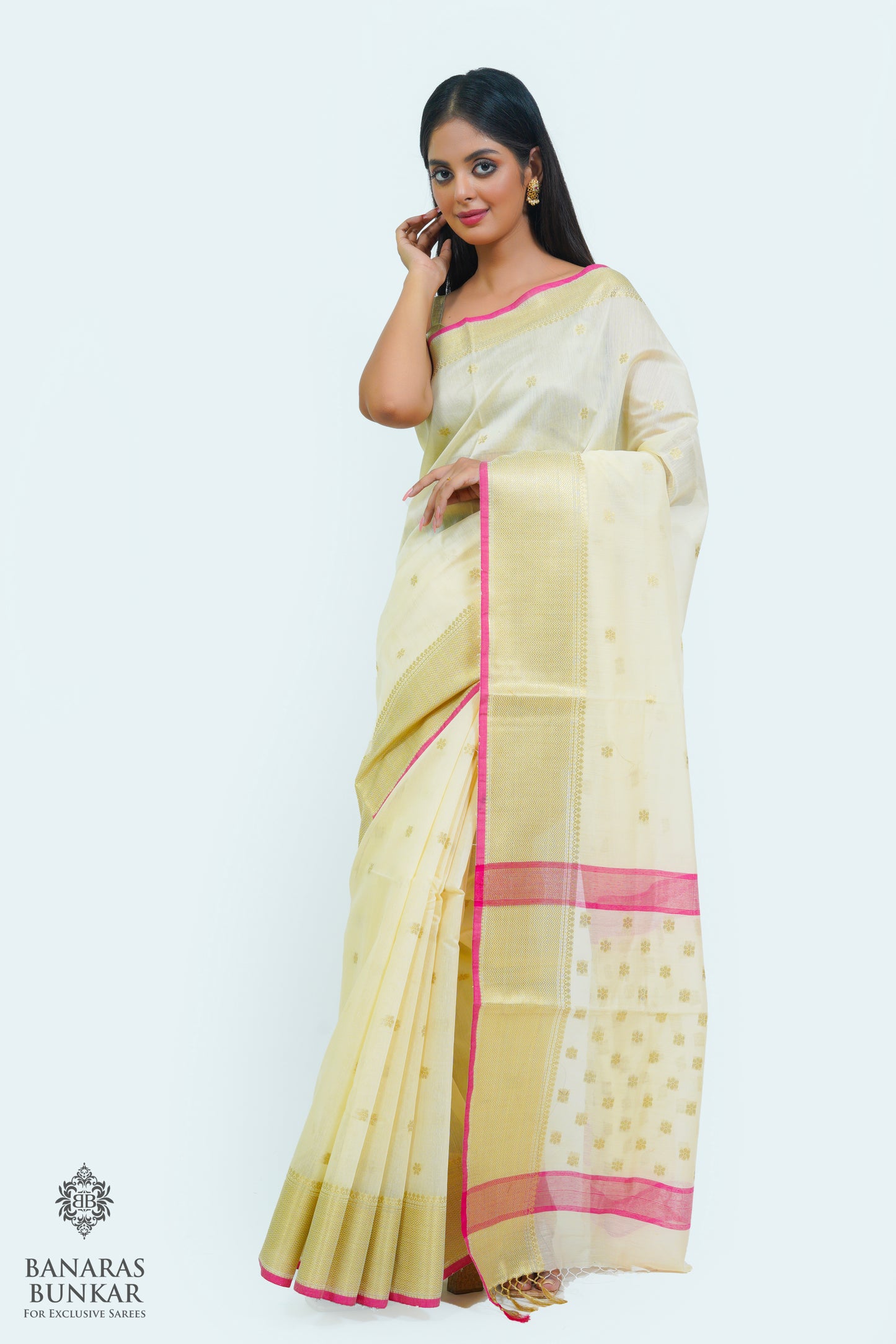 Banarasi cotton silk saree allover flower Buti design with skirt Border