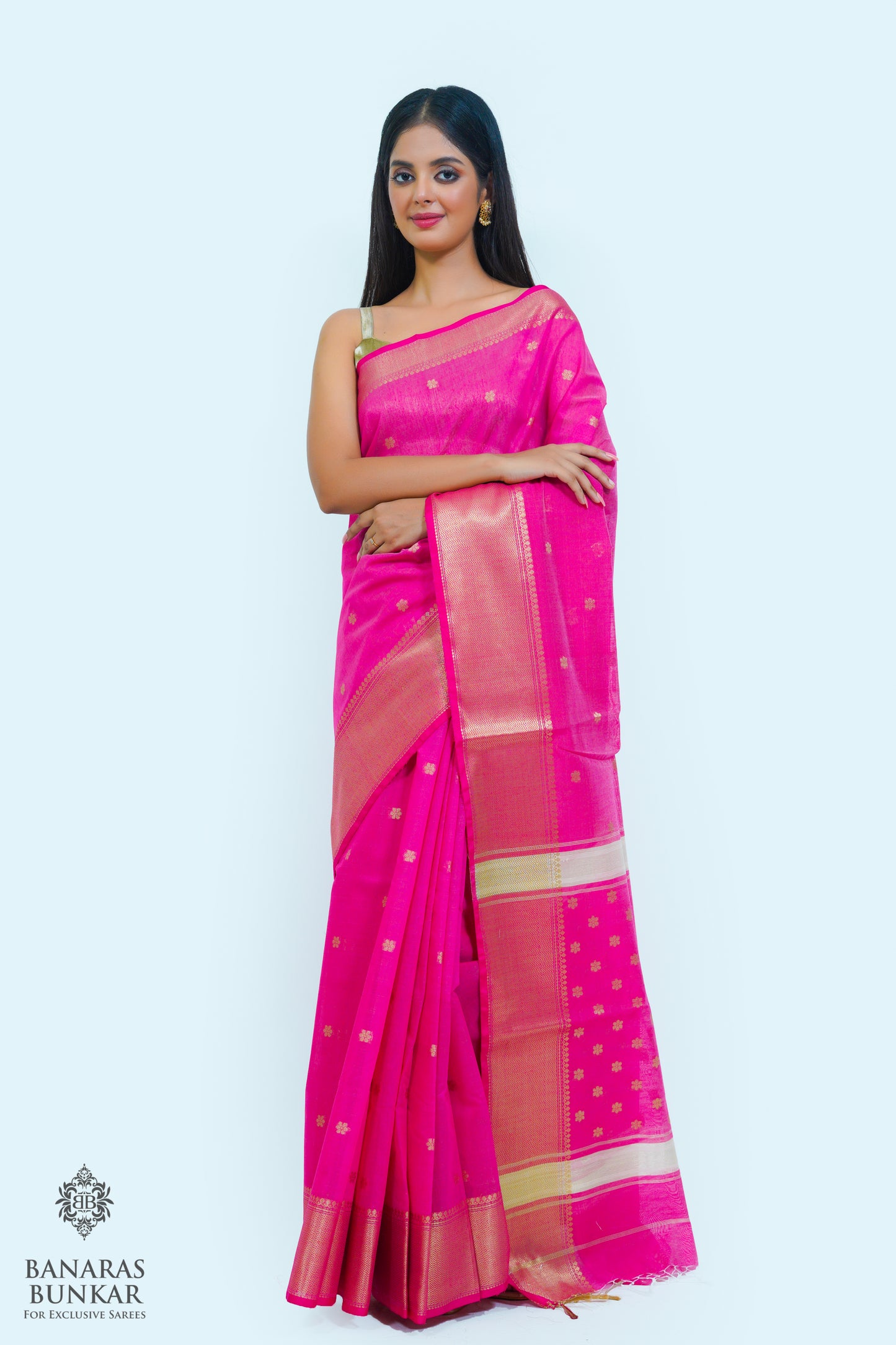 Banarasi handloom cotton silk saree allover flower Buti design with skirt Border