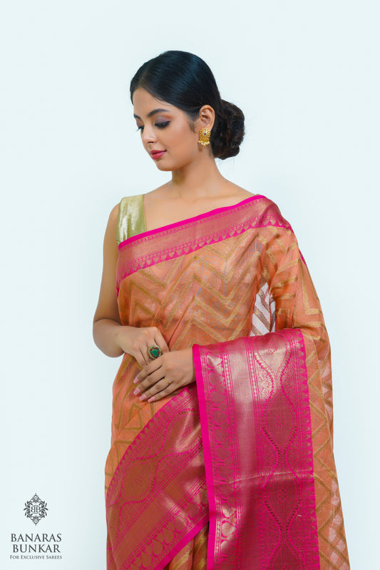 Banarasi cotton tissue silk saree allover zigzag design with contrast skirt Bord