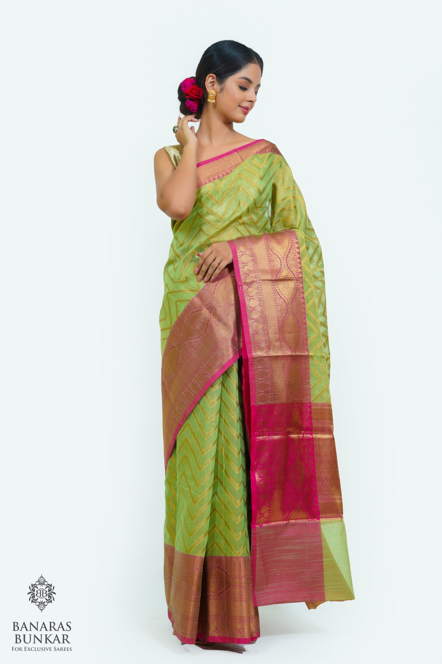 Banarasi cotton tissue silk saree allover zigzag design with contrast skirt Bord