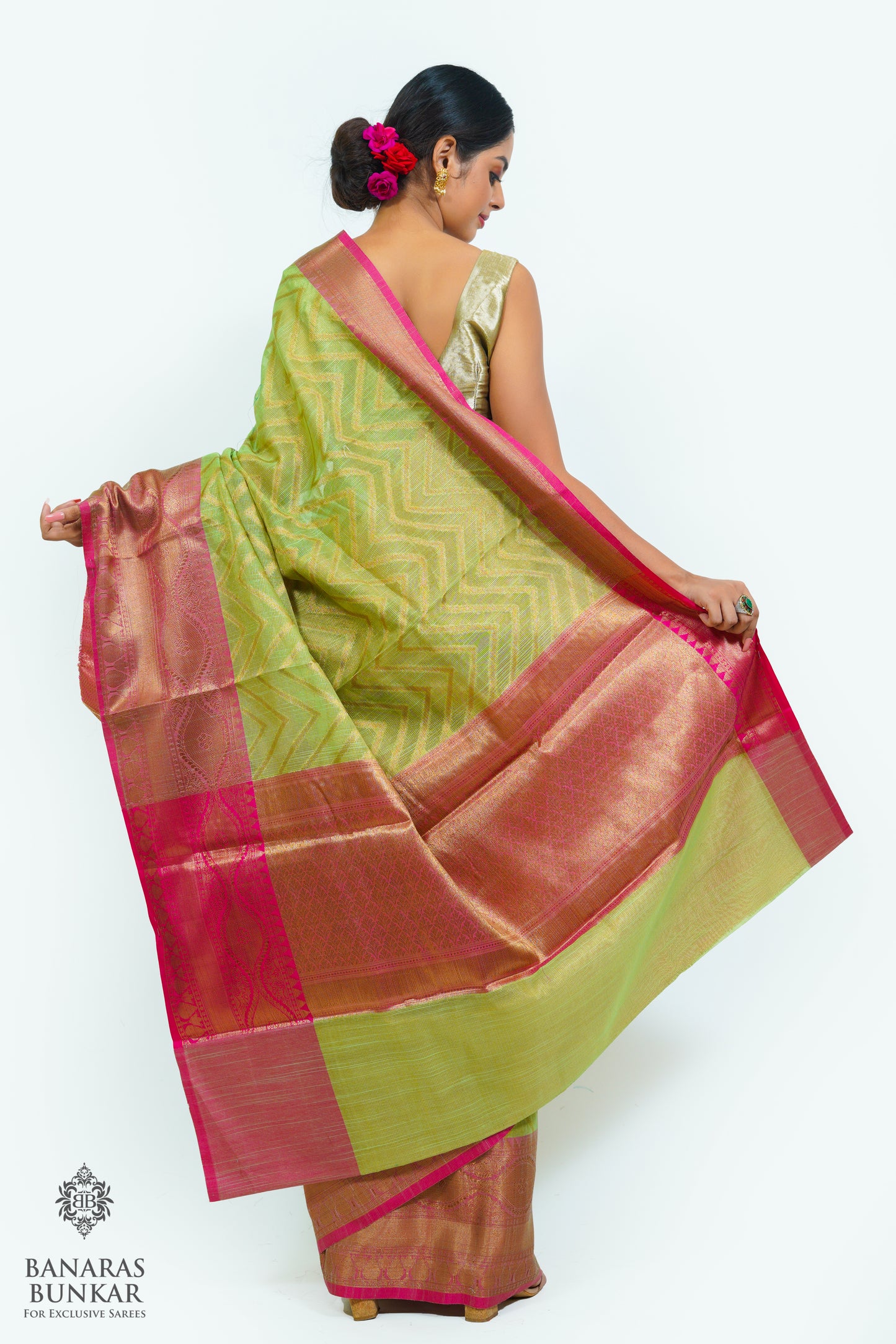 Banarasi cotton tissue silk saree allover zigzag design with contrast skirt Bord