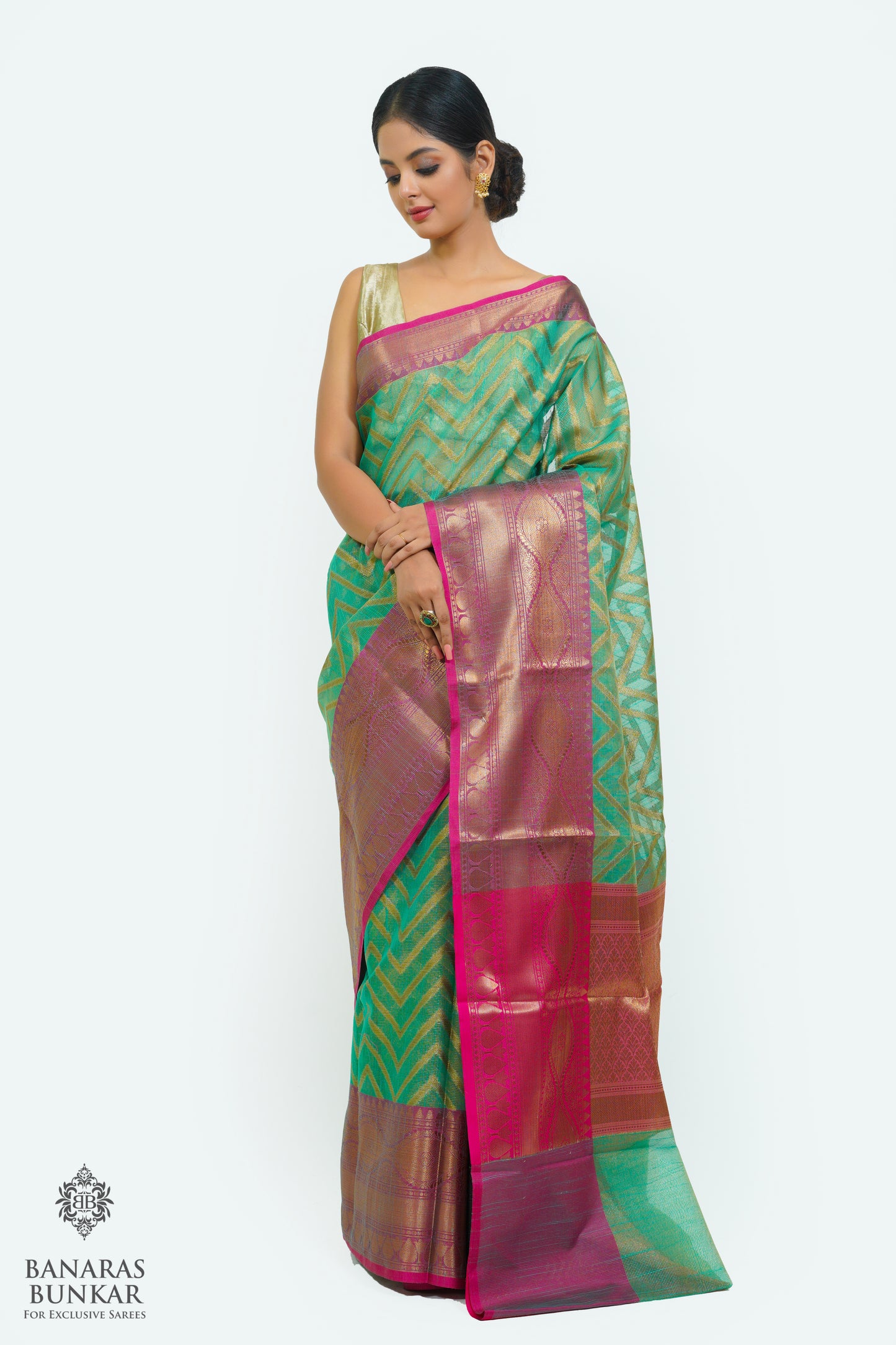 Banarasi cotton tissue silk saree allover zigzag design with contrast skirt Bord