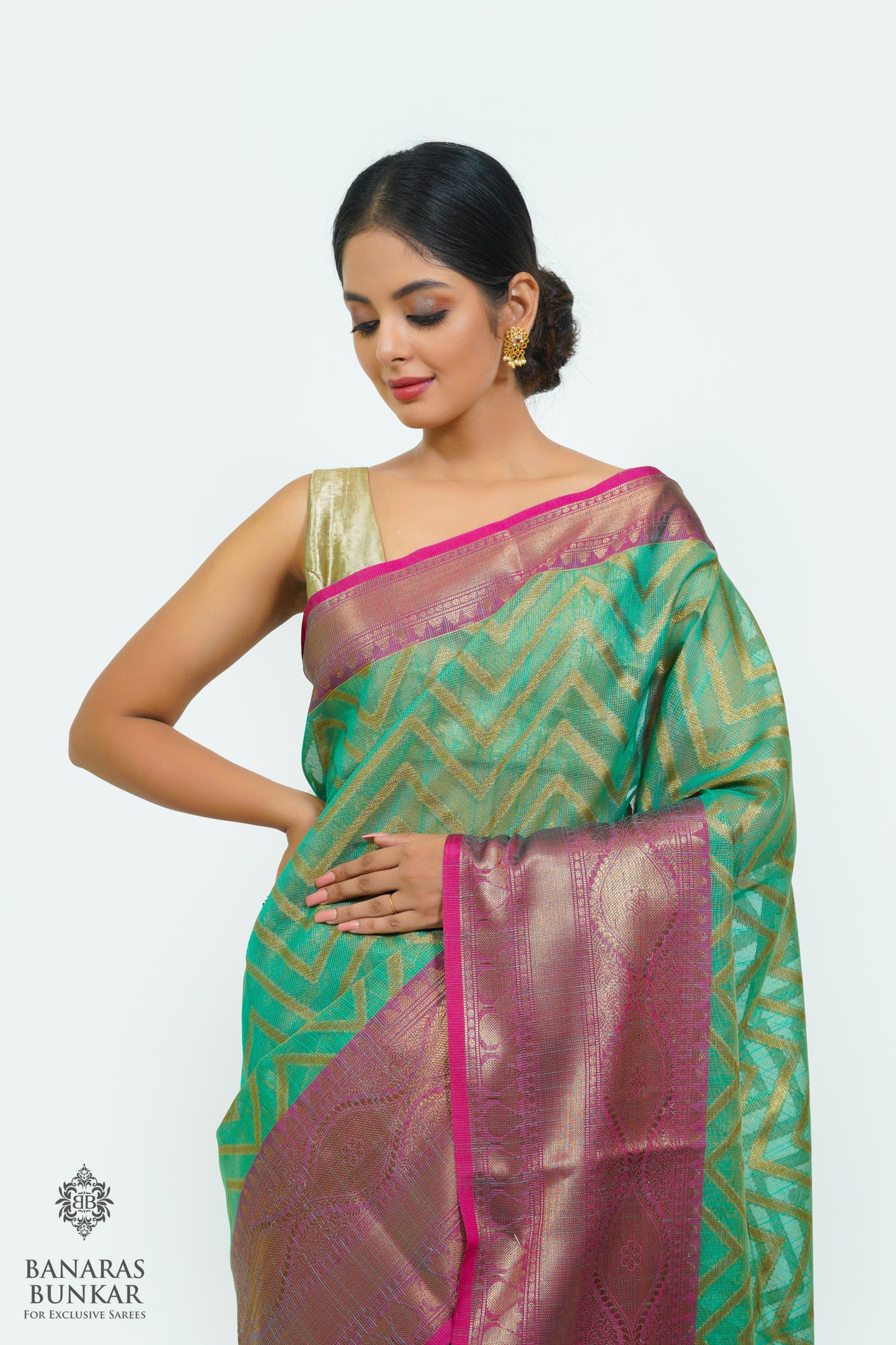 Banarasi cotton tissue silk saree allover zigzag design with contrast skirt Bord