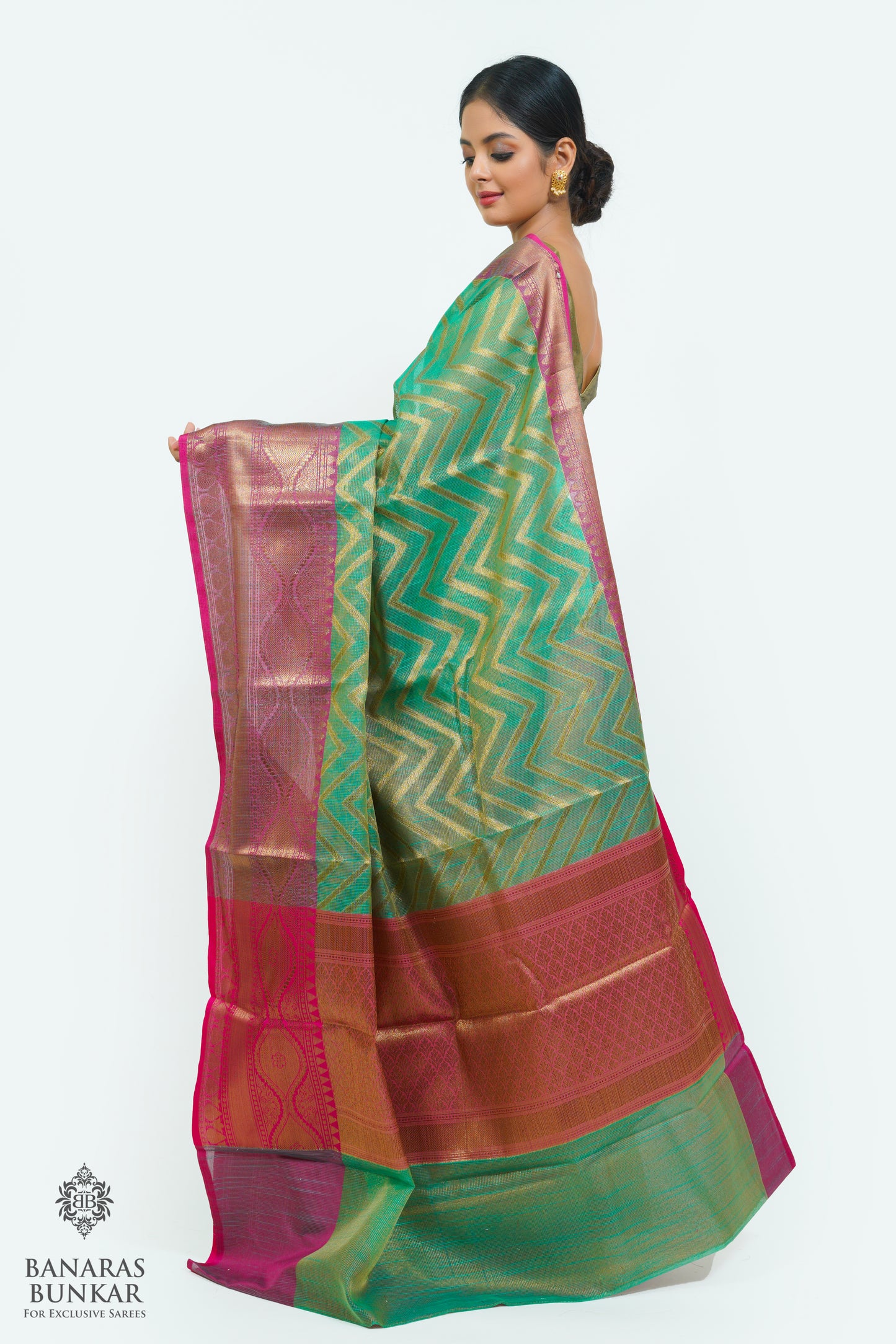 Banarasi cotton tissue silk saree allover zigzag design with contrast skirt Bord