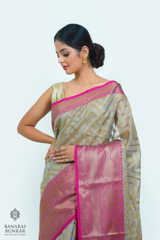 Banarasi cotton tissue silk saree allover zigzag design with contrast skirt Bord