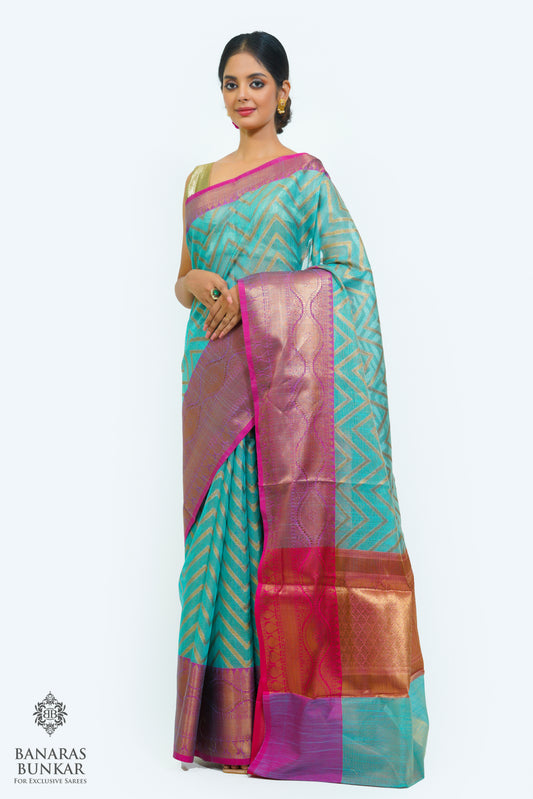 Banarasi cotton tissue silk saree allover zigzag design with contrast skirt Bord