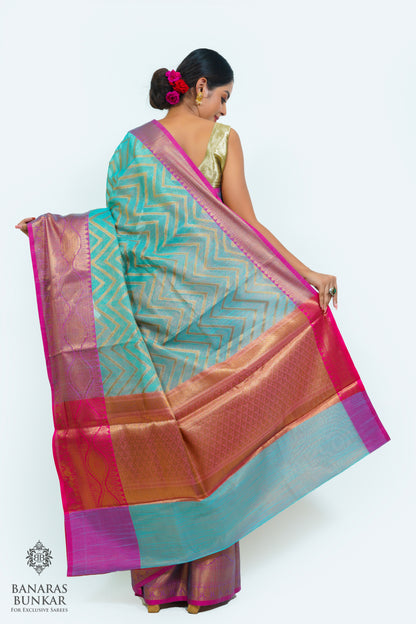 Banarasi cotton tissue silk saree allover zigzag design with contrast skirt Bord