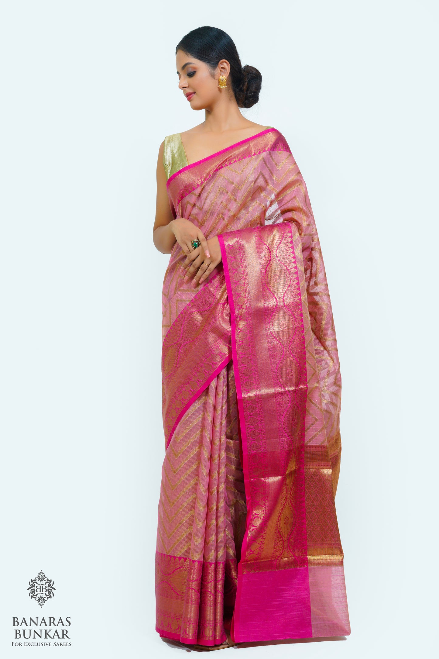 Banarasi cotton tissue silk saree allover zigzag design with contrast skirt Bord