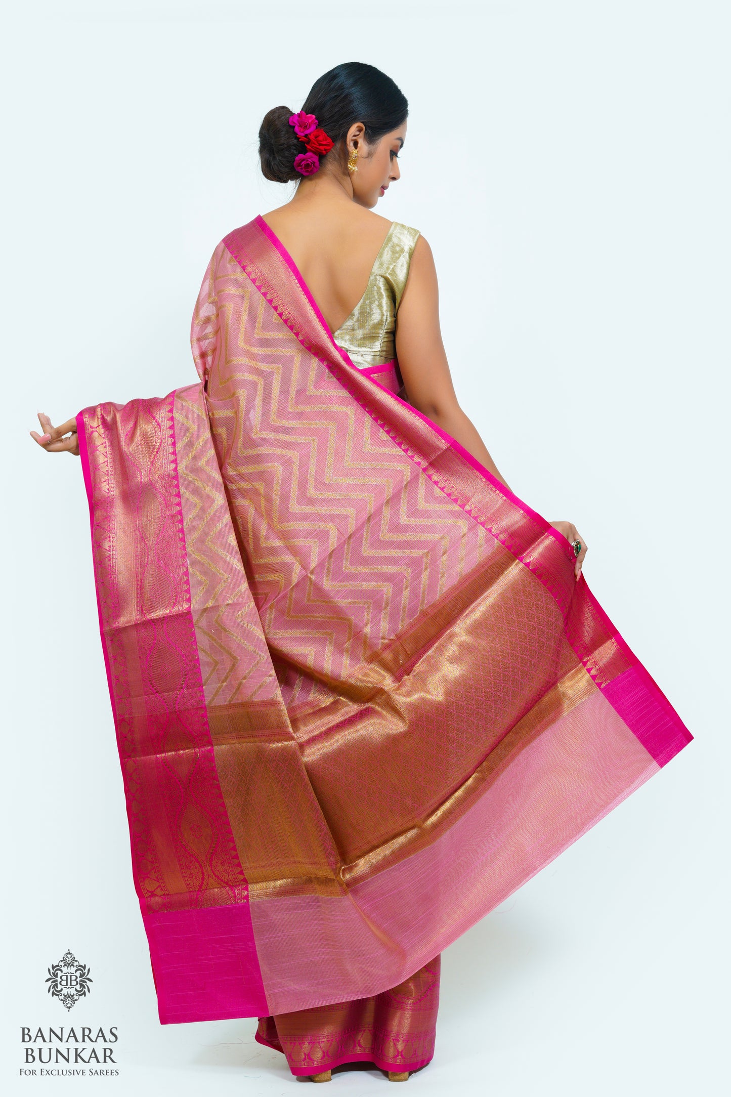 Banarasi cotton tissue silk saree allover zigzag design with contrast skirt Bord