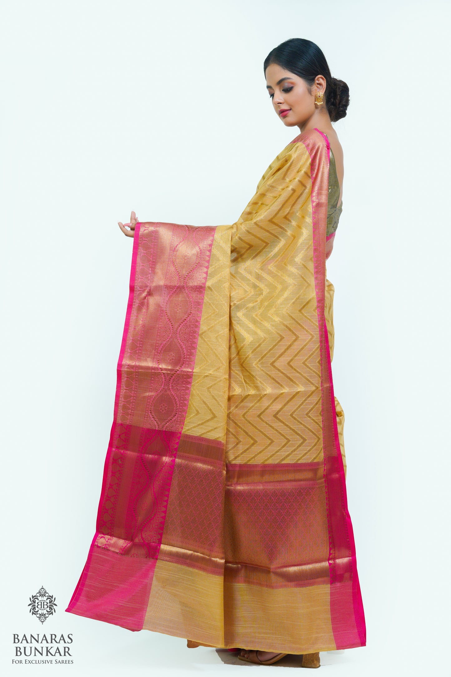 Banarasi cotton tissue silk saree allover zigzag design with contrast skirt Bord