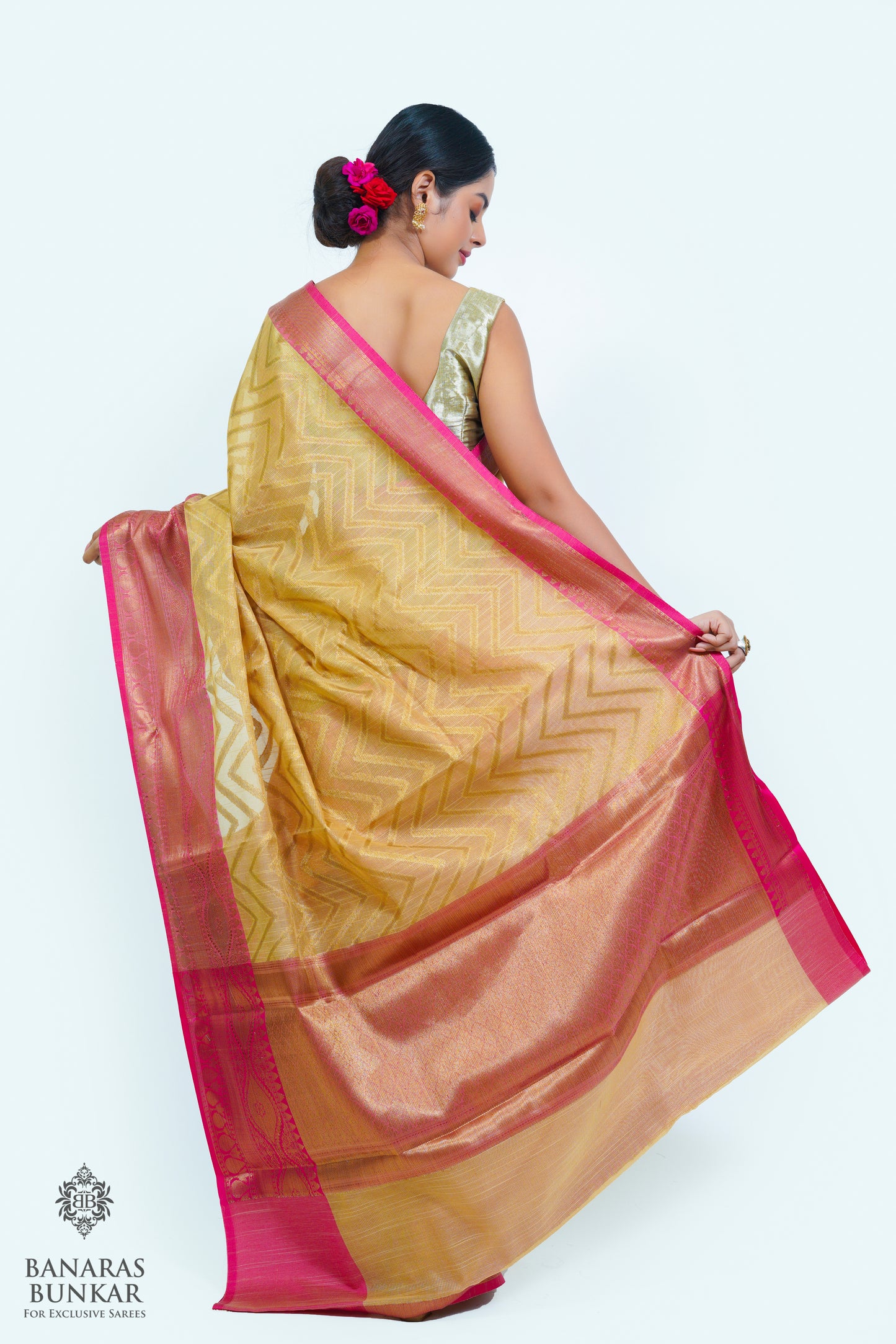 Banarasi cotton tissue silk saree allover zigzag design with contrast skirt Bord