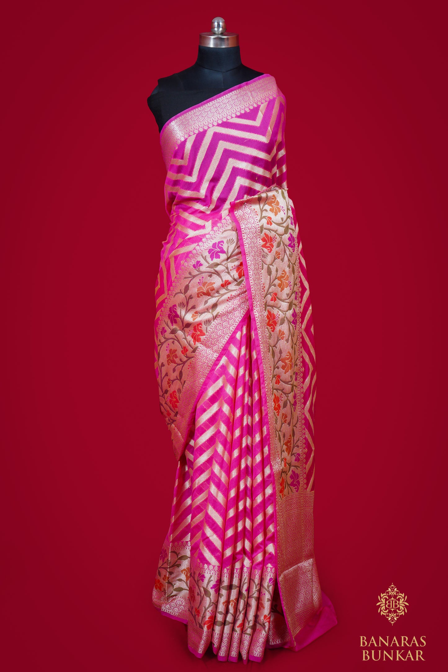 Banarasi semi Georgette silk saree zig zag pattern Paithani Border