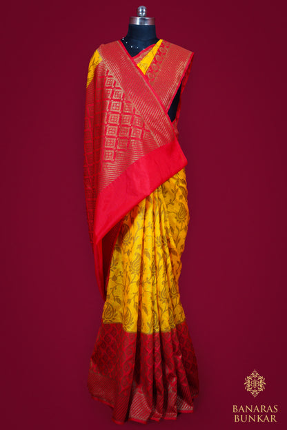 Banarasi Semi Dupion silk Flower Jaal Buta with Skirt Border Pattern