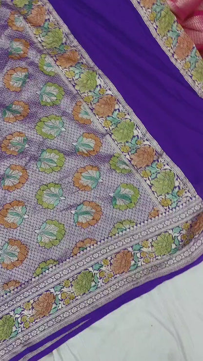 Banarasi Rangkat Khaddi Georgette silk saree jaal pattern weaving at water zari - purple & hand painted Meena