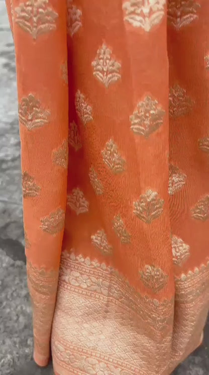 Banarasi Handloom Pure Khaddi Georgette Saree with Allover Buti & Water Zari Designer Pallu