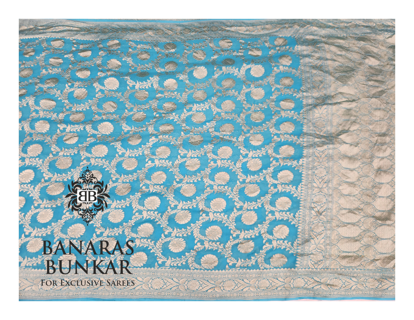 Teal Blue Banarasi Handloom Khaddi Georgette saree| Allover Floral Jaal Design & Equal Border in water zari