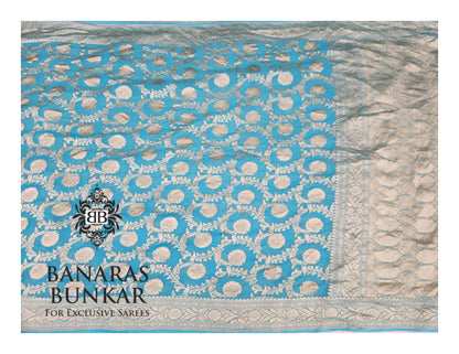 Teal Blue Banarasi Handloom Khaddi Georgette saree| Allover Floral Jaal Design & Equal Border in water zari