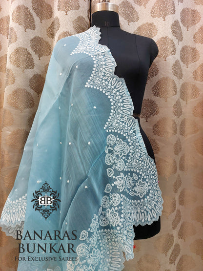 Banarasi Pure Chikenkari organza silk Dupatta - Firozi