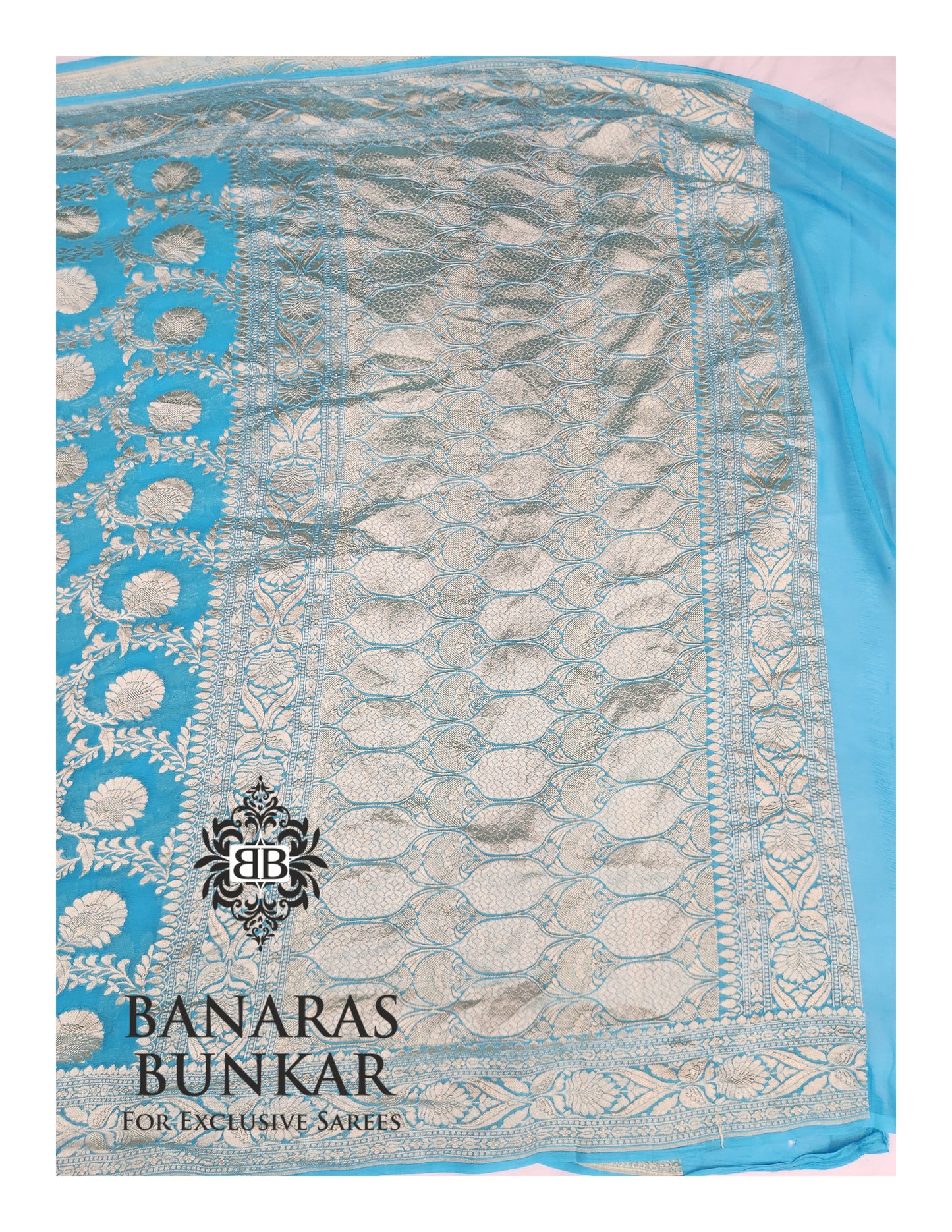 Teal Blue Banarasi Handloom Khaddi Georgette saree| Allover Floral Jaal Design & Equal Border in water zari