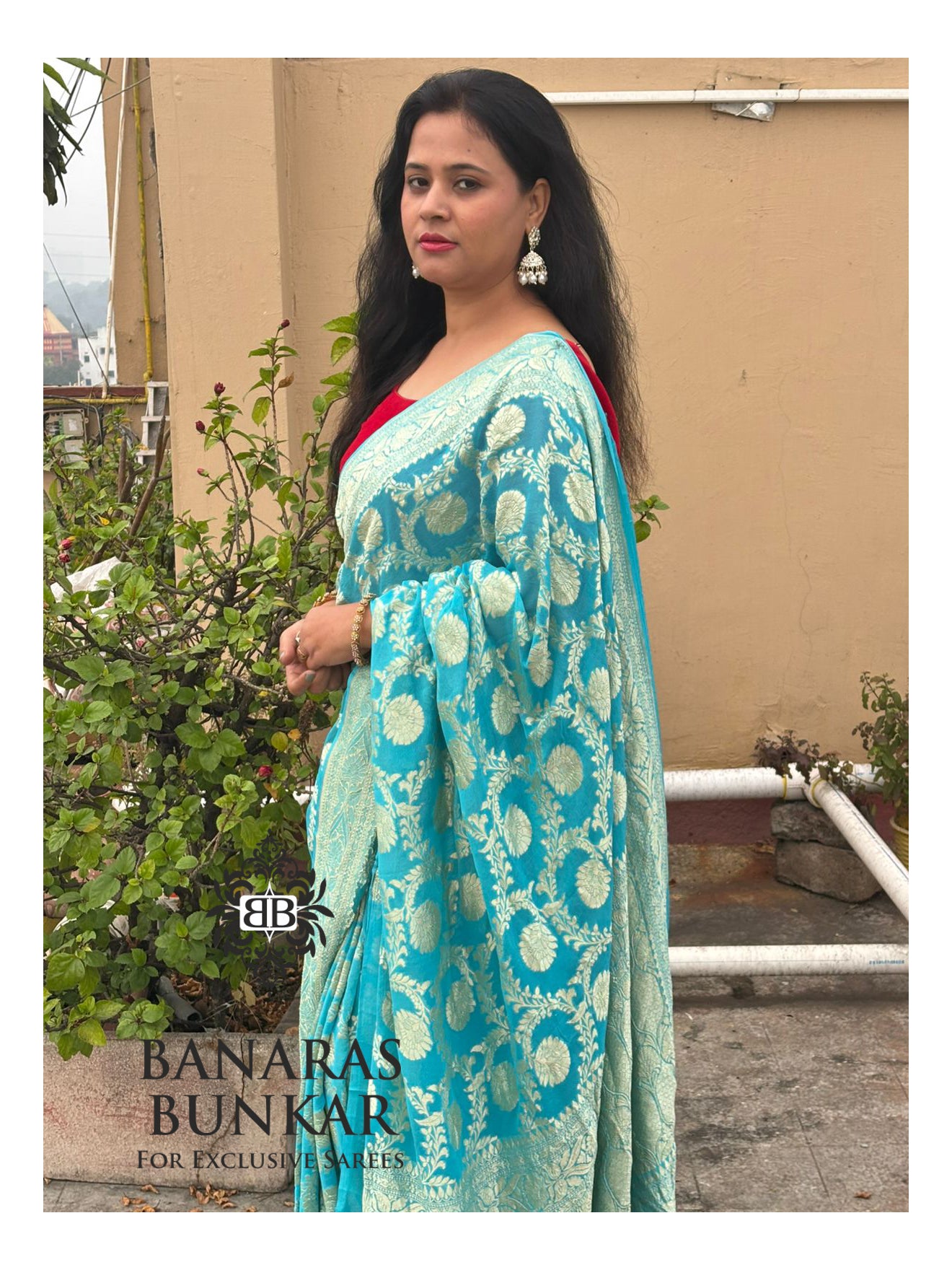 Teal Blue Banarasi Handloom Khaddi Georgette saree| Allover Floral Jaal Design & Equal Border in water zari