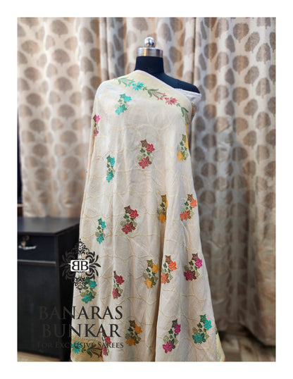 Banarasi Handloom Pure Khaddi Tussar Georgette Saree with Elegant Resham Floral Buta & Gold Zari Weaving