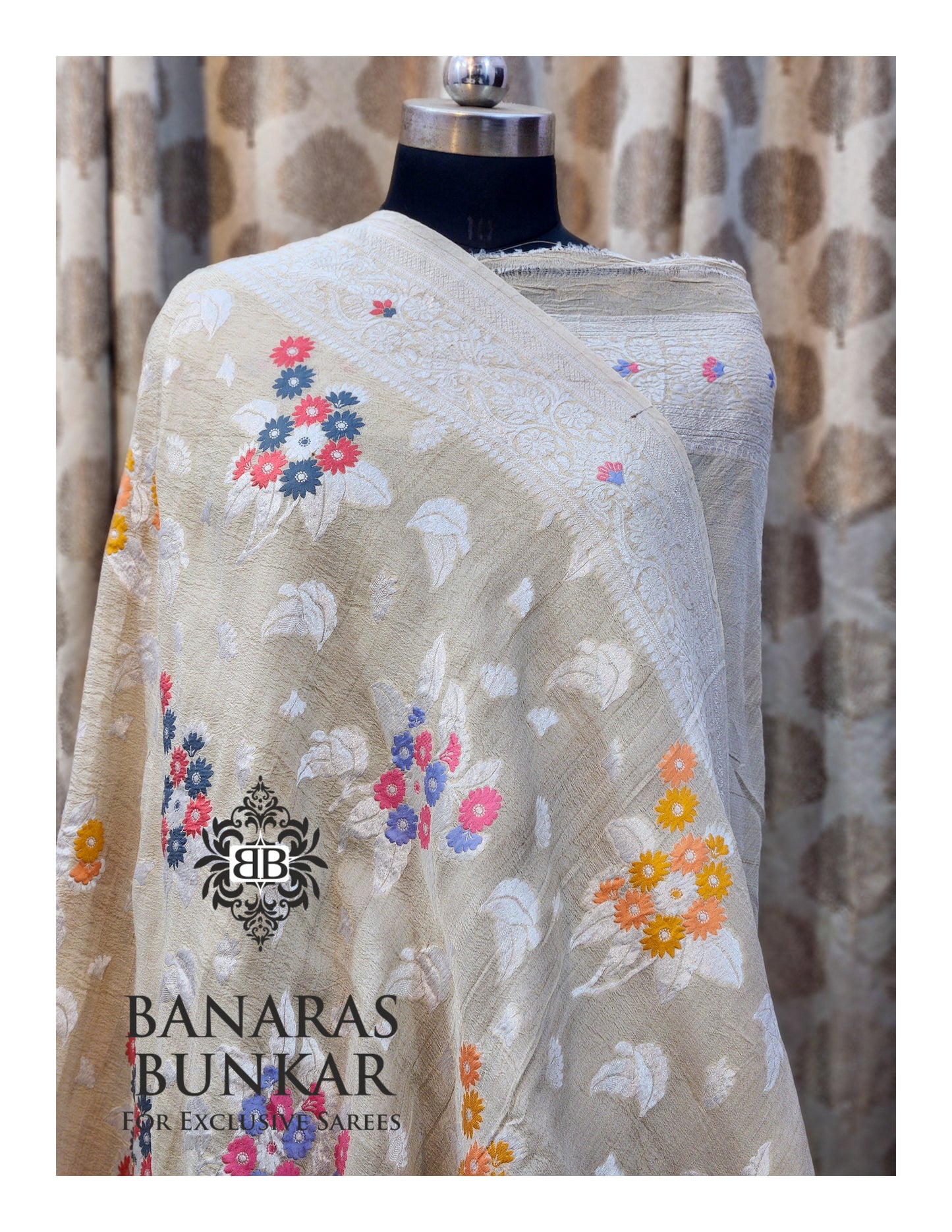Banarasi Handloom Pure Khaddi Tussar Georgette Saree with Elegant Resham Floral Buti & Silver Zari Weaving