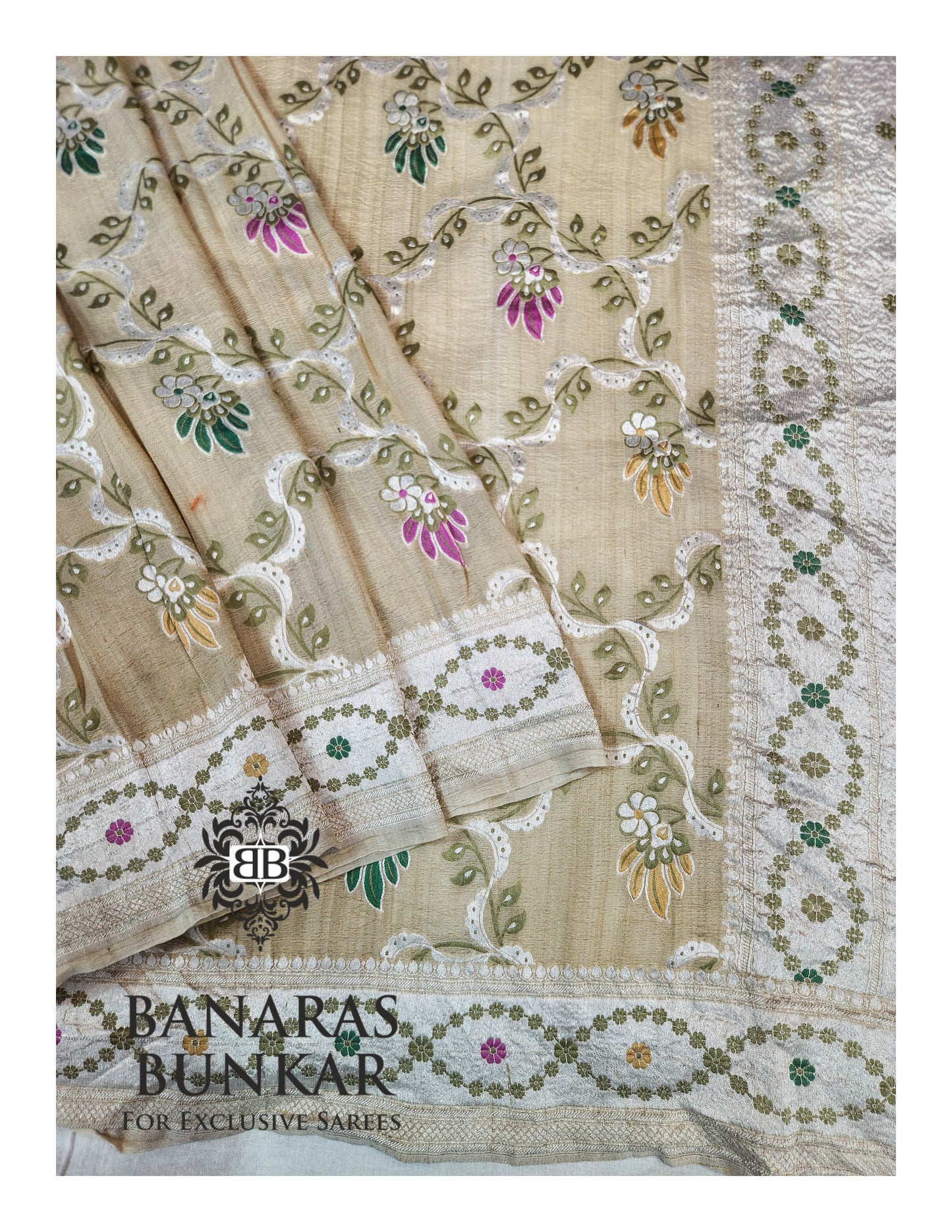 Banarasi Handloom Pure Khaddi Tussar Georgette Saree with Elegant Resham Floral Buta & silver Zari Weaving
